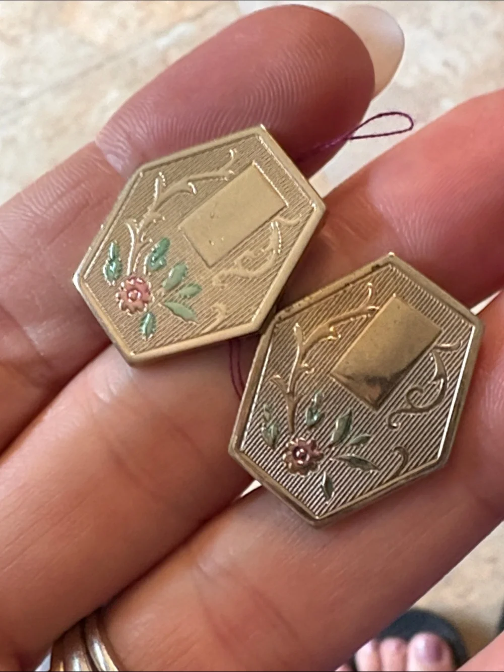 Vintage Hexagonal Floral Enamel Cufflinks - Silver Tone with Green & Pink Detail